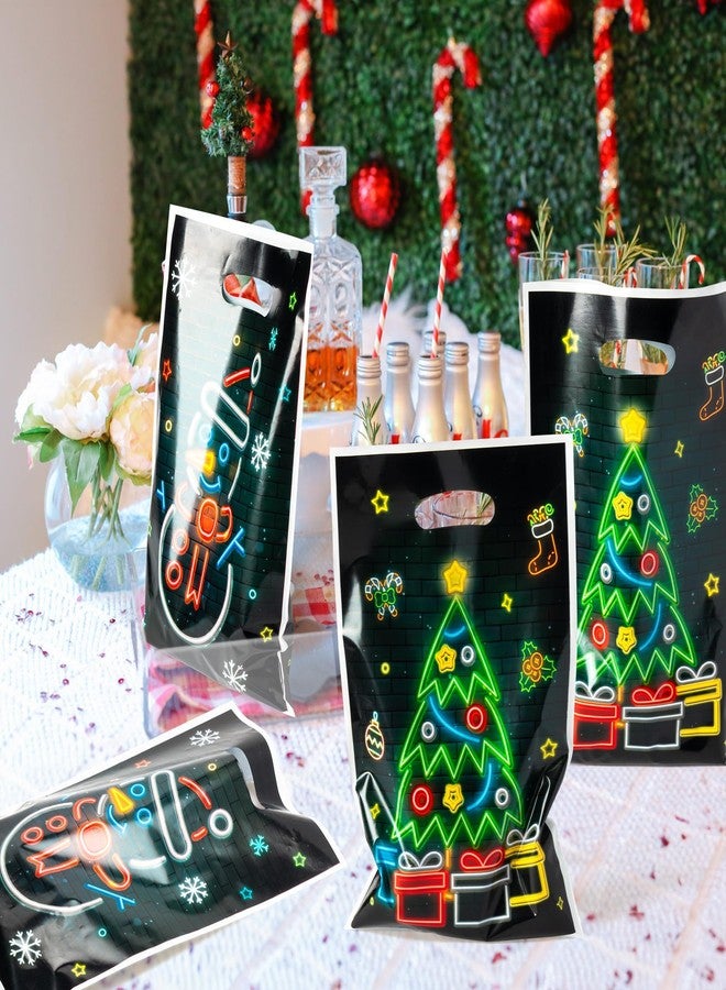ANGOLIO 50Pcs Christmas Glow in the Dark Favors Bags Print Christmas Tree Snowman Candy Treat Bags with Handles Plastic Gifts Snack Bags Party Favor Supplies Back to School for Kids - Image 4